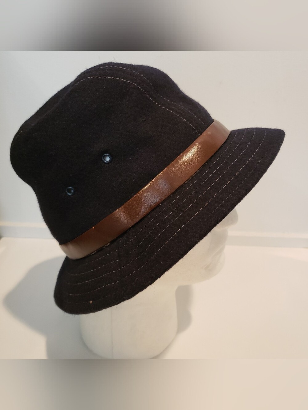 Classic Black Wool Bucket Hat with Brown Band